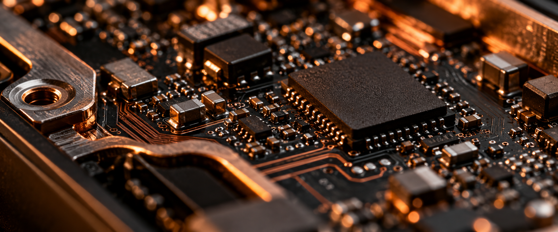 Imagen macro generada de circuitería oscura: trazas de cobre, componentes y un chip en primer plano.